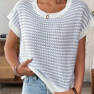 Blue and White Short Sleeve Knit Top